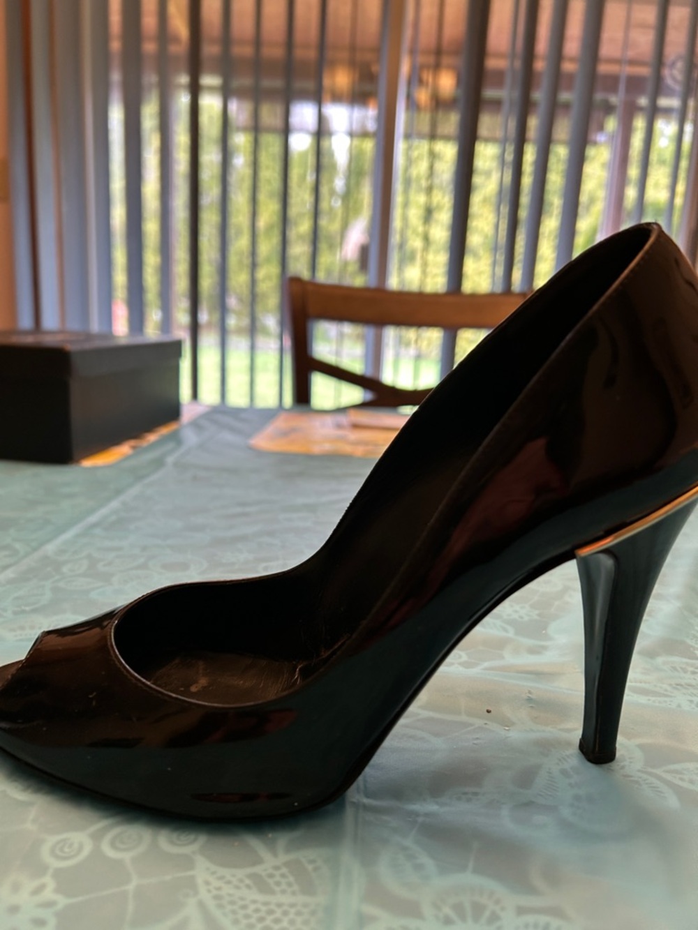 CHANEL Black Patent Leather Peep-Toe Stiletto Heels with Gold CC - Picture 5 of 12